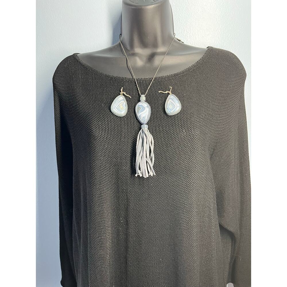 Blue Lace Agate Necklace & Earrings Jewelry Set  Pendant Natural Gemstone VTG